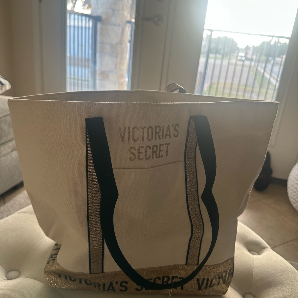 Victoria's Secret Cream Canvas Tote with Black Handles and Gold Trim